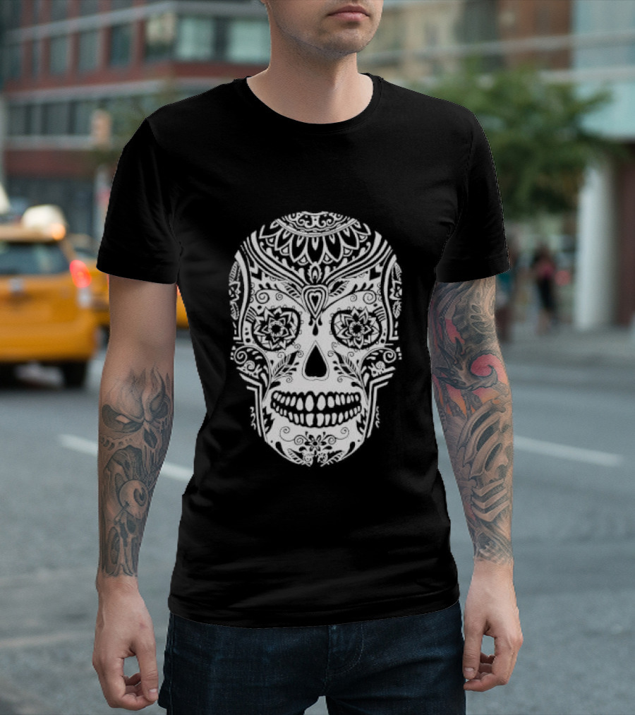 Sugar Skull Artistic Decorative Detailed Black White Intricate Motif T-Shirt