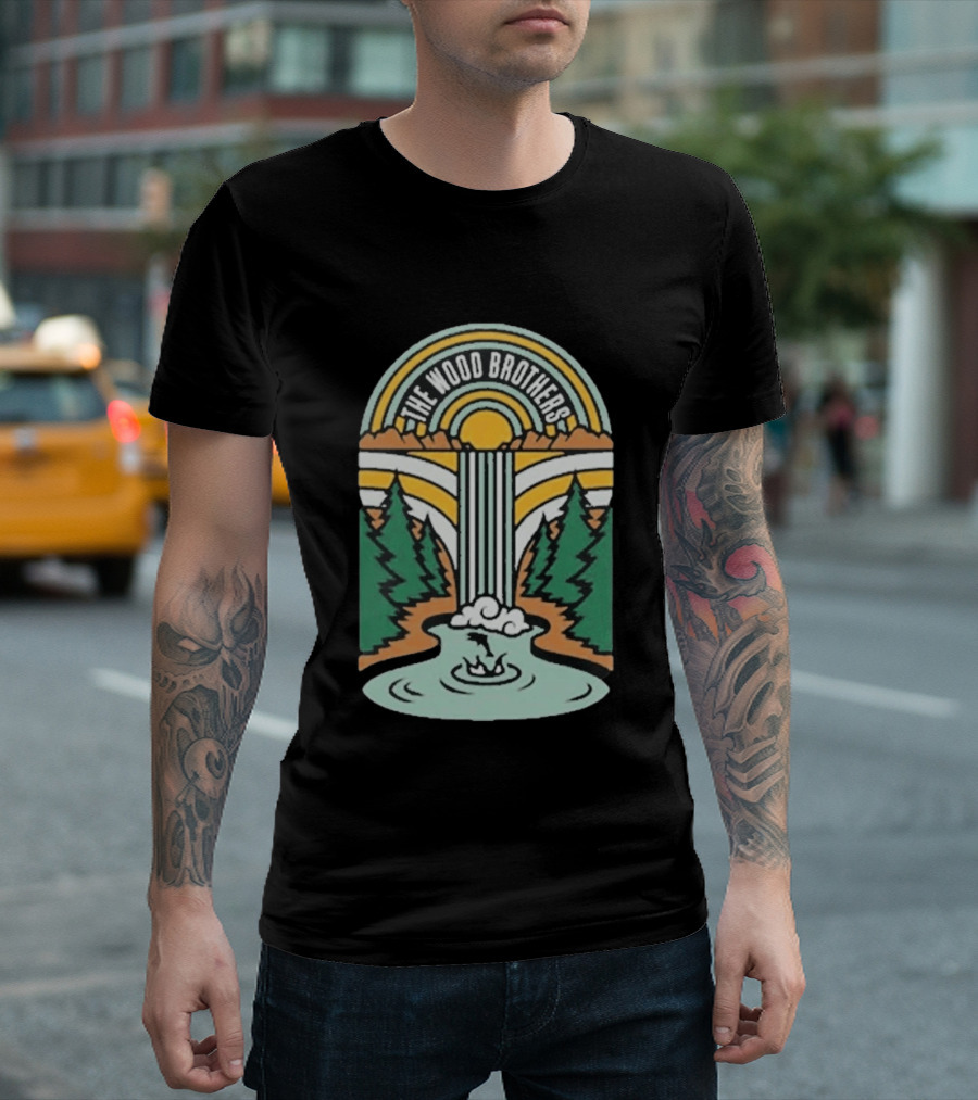 The Wood Brothers Waterfall Nature Scene With Sunburst And River Rapids T-Shirt