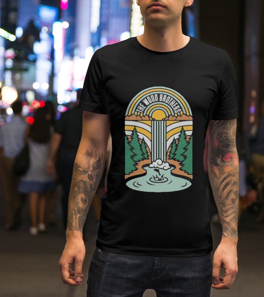 The Wood Brothers Waterfall Nature Scene With Sunburst And River Rapids T-Shirt