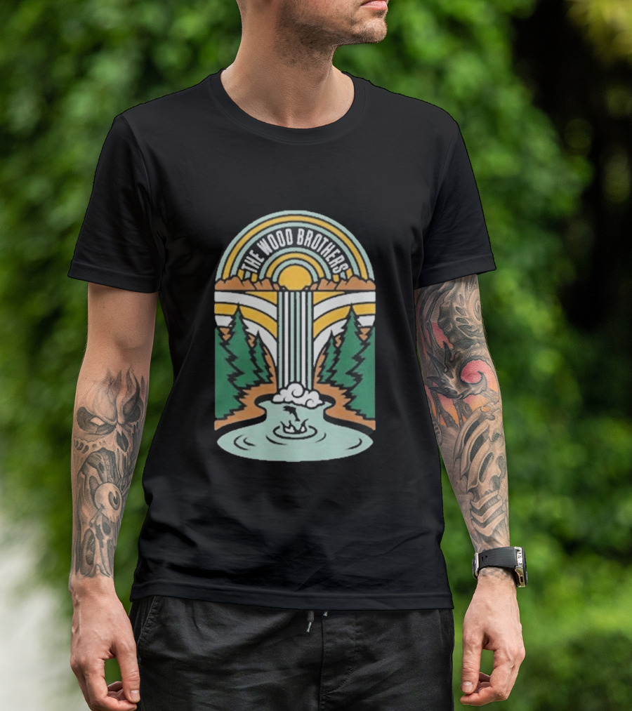 The Wood Brothers Waterfall Nature Scene With Sunburst And River Rapids T-Shirt