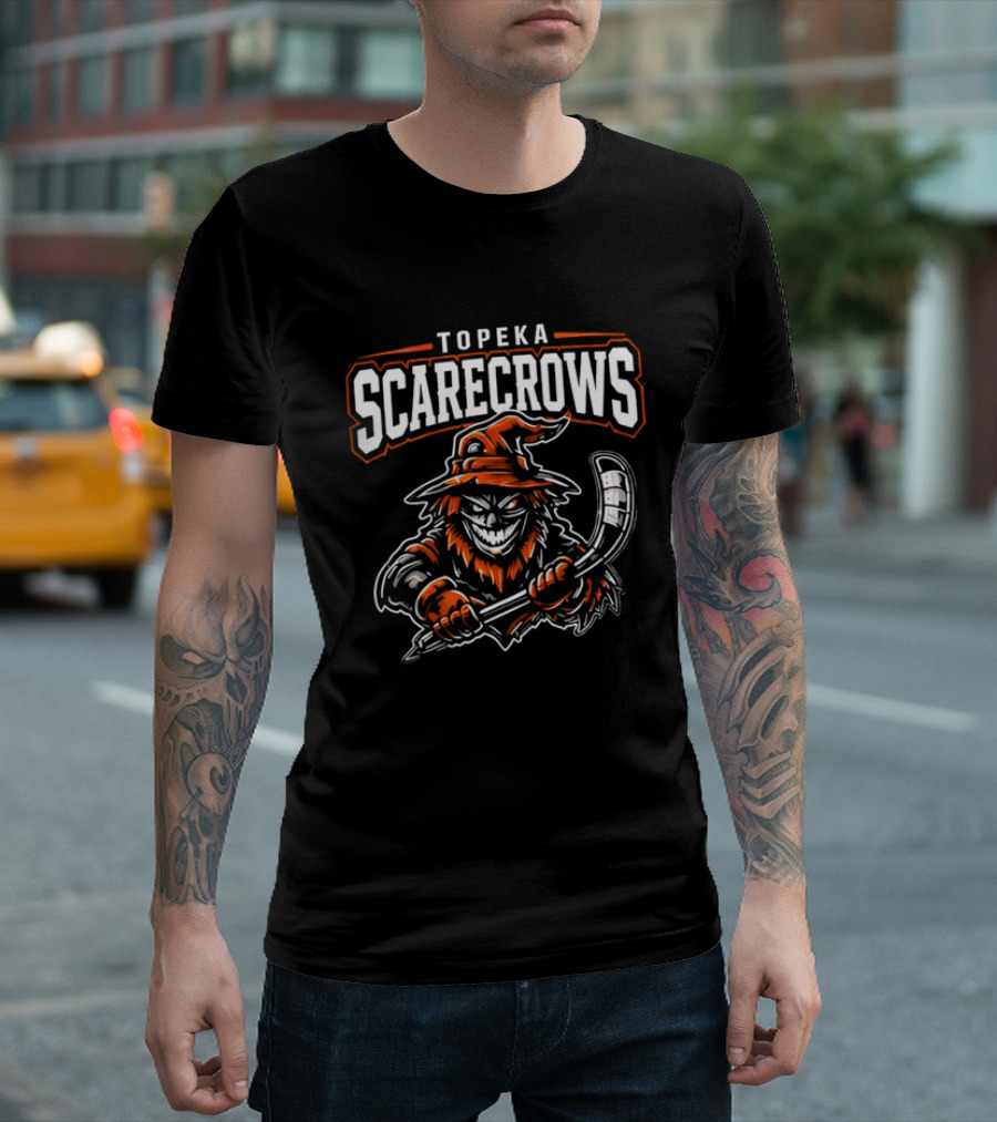 Topeka Scarecrows Sporty Scarecrow Ice Hockey Stick T-Shirt