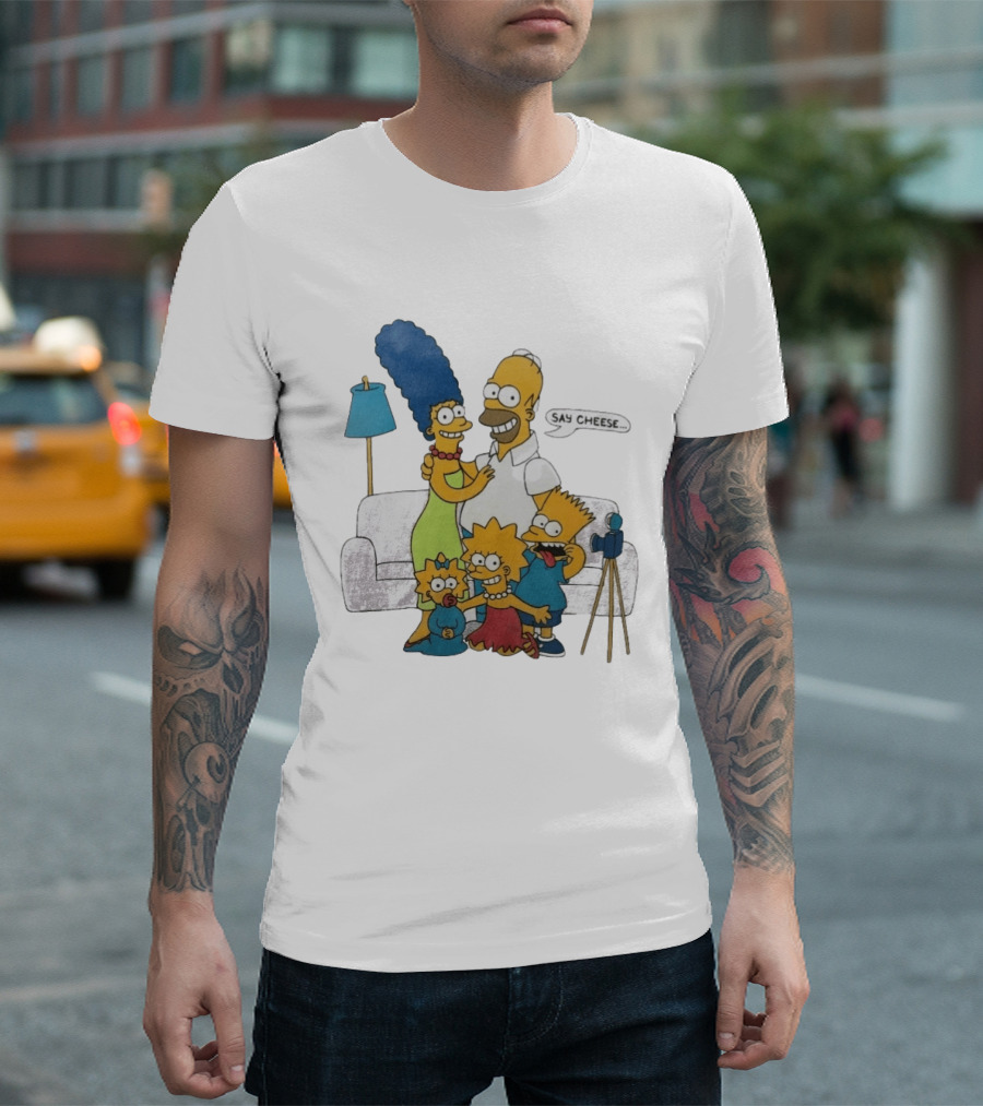 Jayden Daniels Simpsons Family Say Cheese White Couch Scene T-Shirt