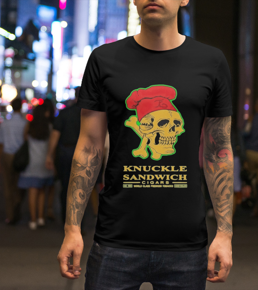 Knuckle Sandwich Cigars World Class Tobacco Skull With Red Chef Hat And Crossbones T-Shirt