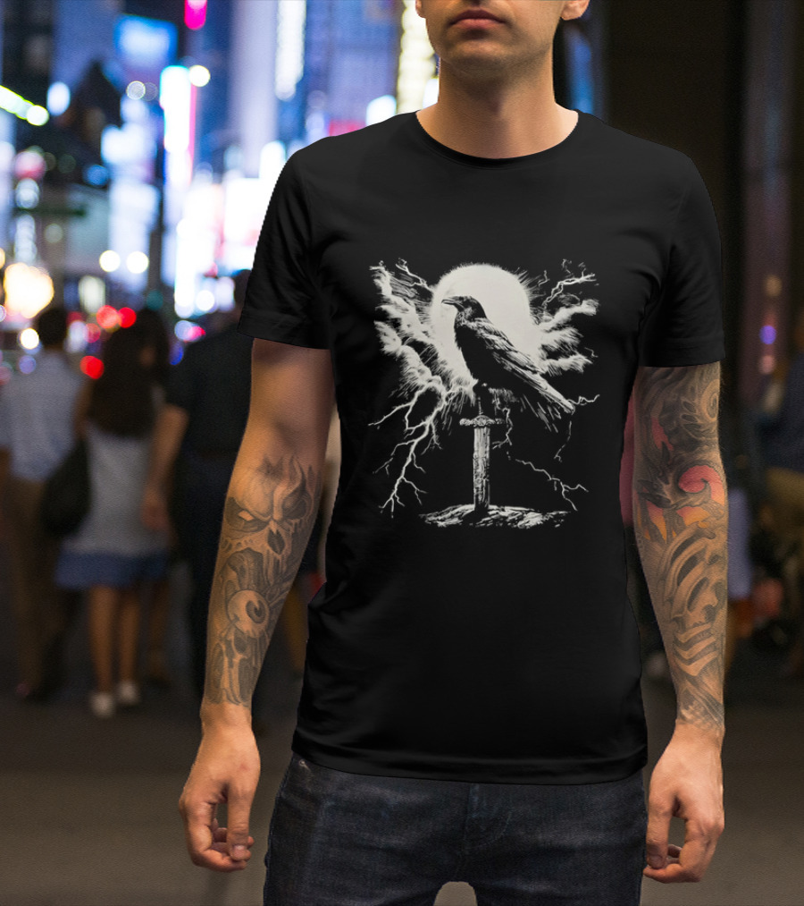 Raven On Sword With Lightning And Moon T-Shirt
