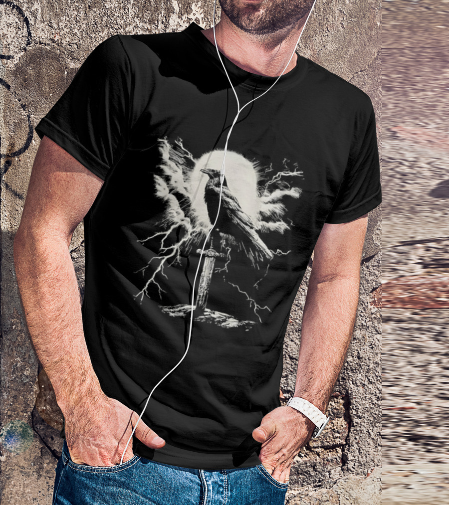Raven On Sword With Lightning And Moon T-Shirt