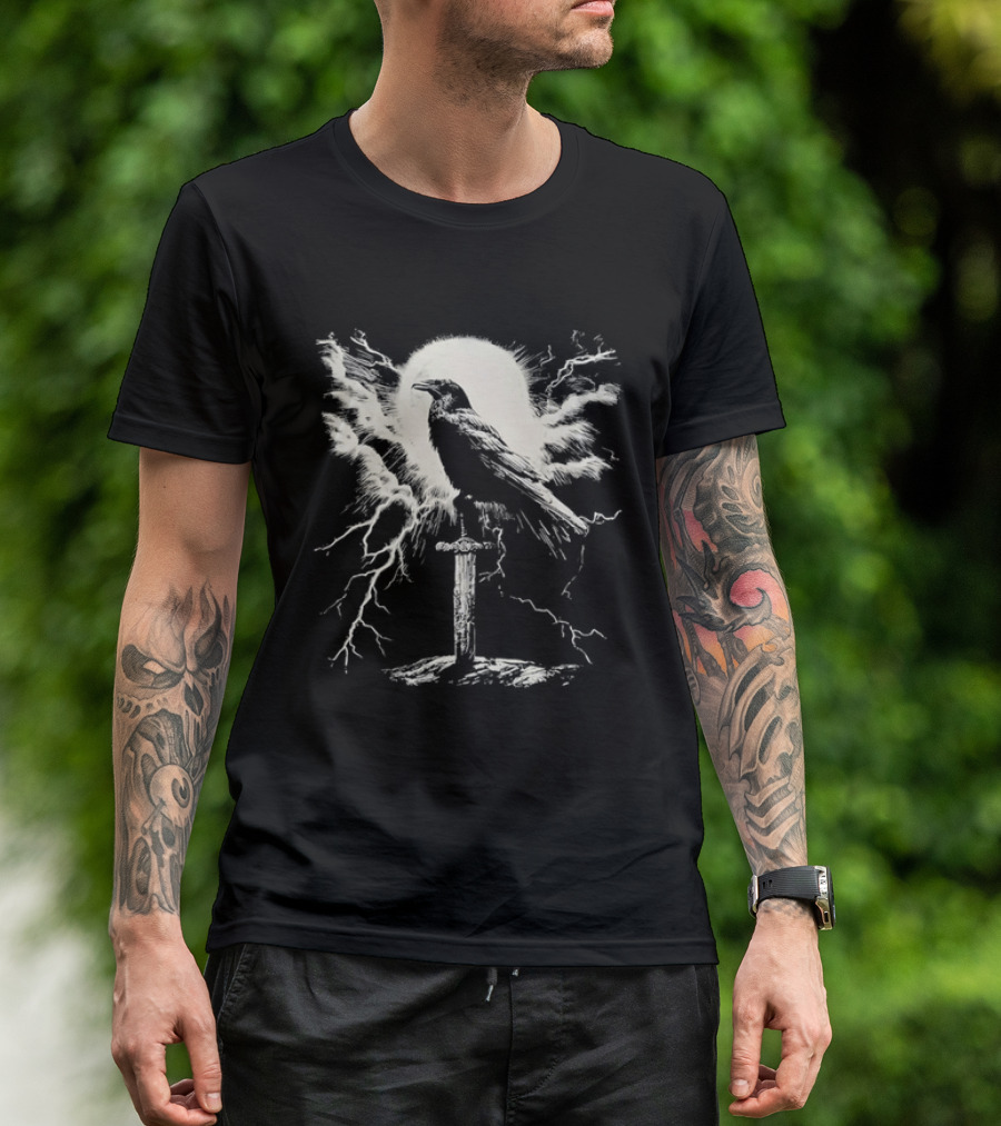 Raven On Sword With Lightning And Moon T-Shirt