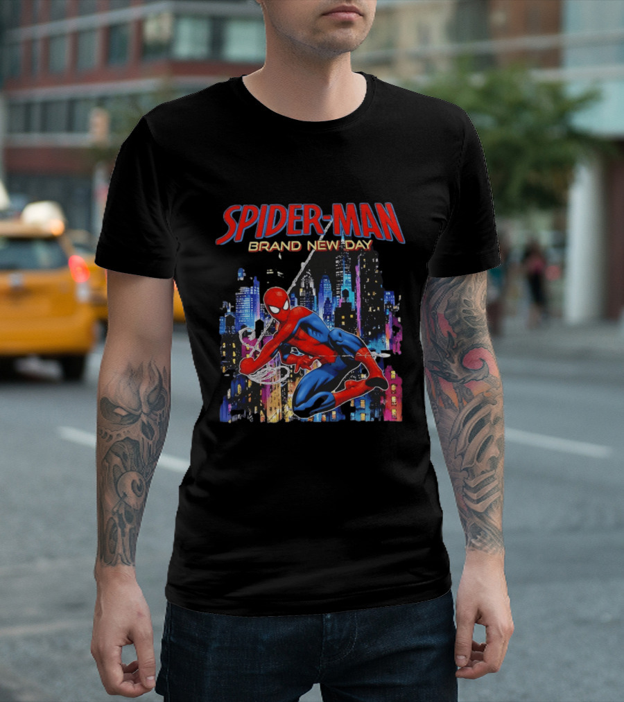 Spider Man Brand New Day Web Superhero Swinging City Night Marvel Studios T-Shirt