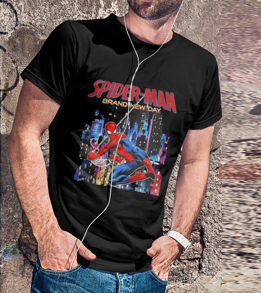 Spider Man Brand New Day Web Superhero Swinging City Night Marvel Studios T-Shirt