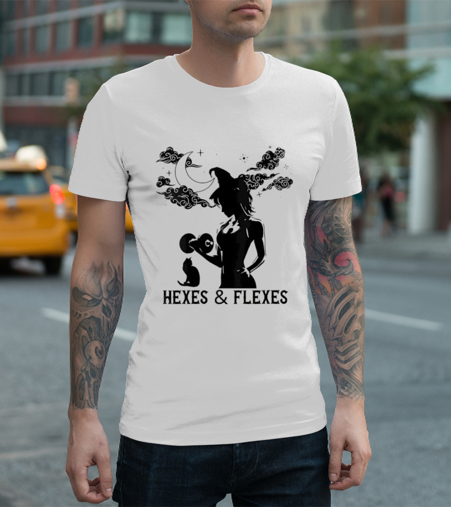Spooky Fitness Witch Lifting Dumbbell With Cat Hexes & Flexes Moon Clouds T-Shirt