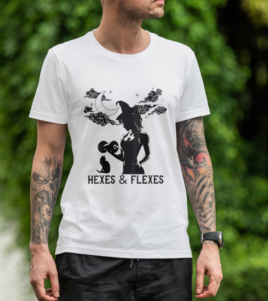 Spooky Fitness Witch Lifting Dumbbell With Cat Hexes & Flexes Moon Clouds T-Shirt
