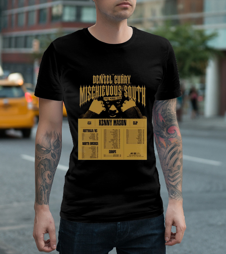 Denzel Curry Mischievous South 2025 World Tour Kenny Mason Clip 454 Australia North America Europe Dates T-Shirt