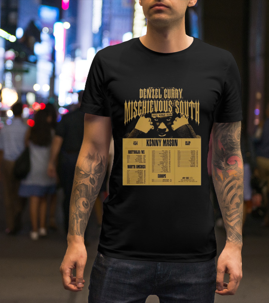 Denzel Curry Mischievous South 2025 World Tour Kenny Mason Clip 454 Australia North America Europe Dates T-Shirt