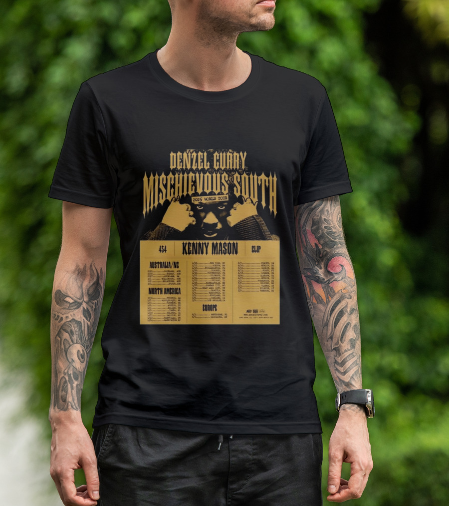 Denzel Curry Mischievous South 2025 World Tour Kenny Mason Clip 454 Australia North America Europe Dates T-Shirt