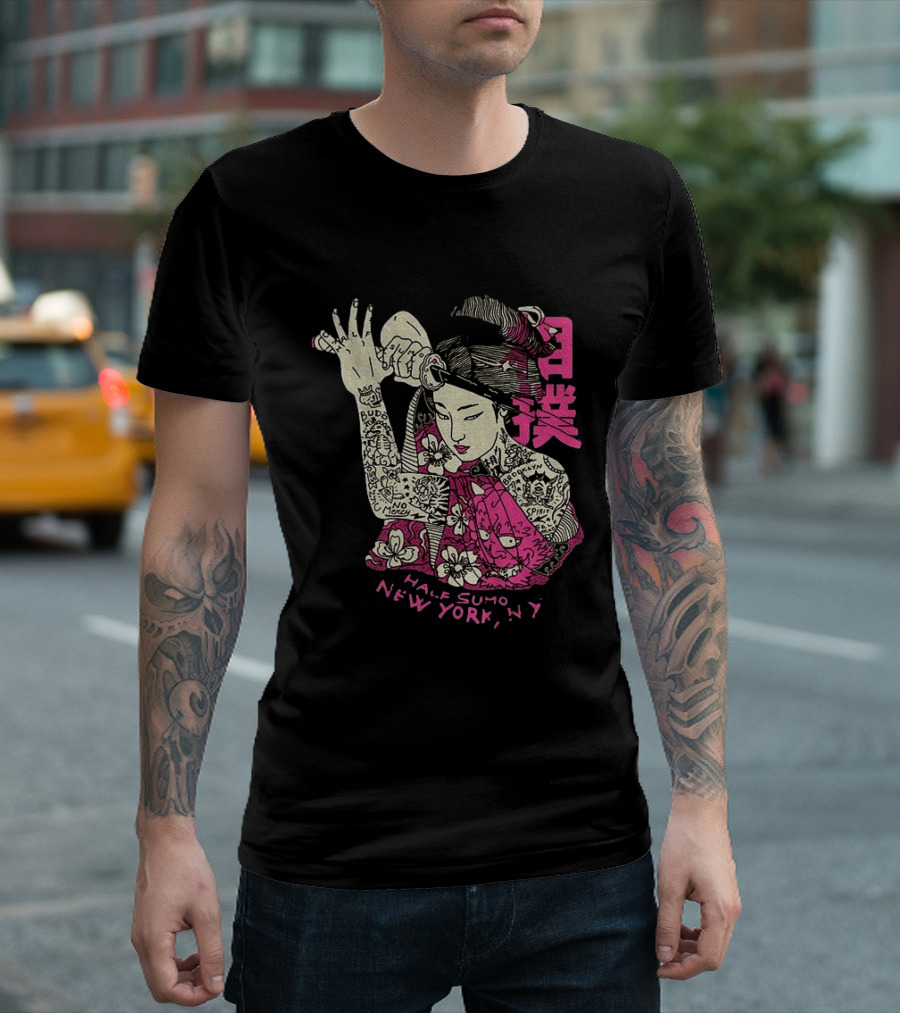 Tattooed Geisha With Katana And Flowers Japanese Samurai Half Sumo New York NY T-Shirt