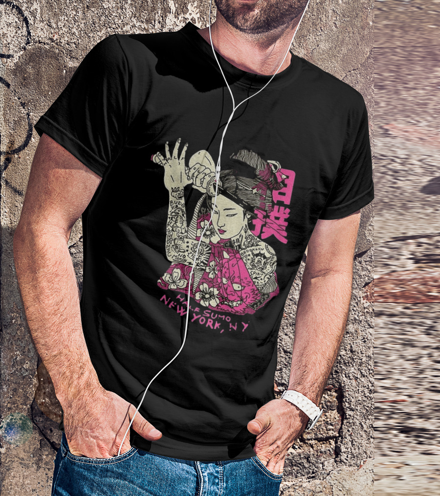 Tattooed Geisha With Katana And Flowers Japanese Samurai Half Sumo New York NY T-Shirt