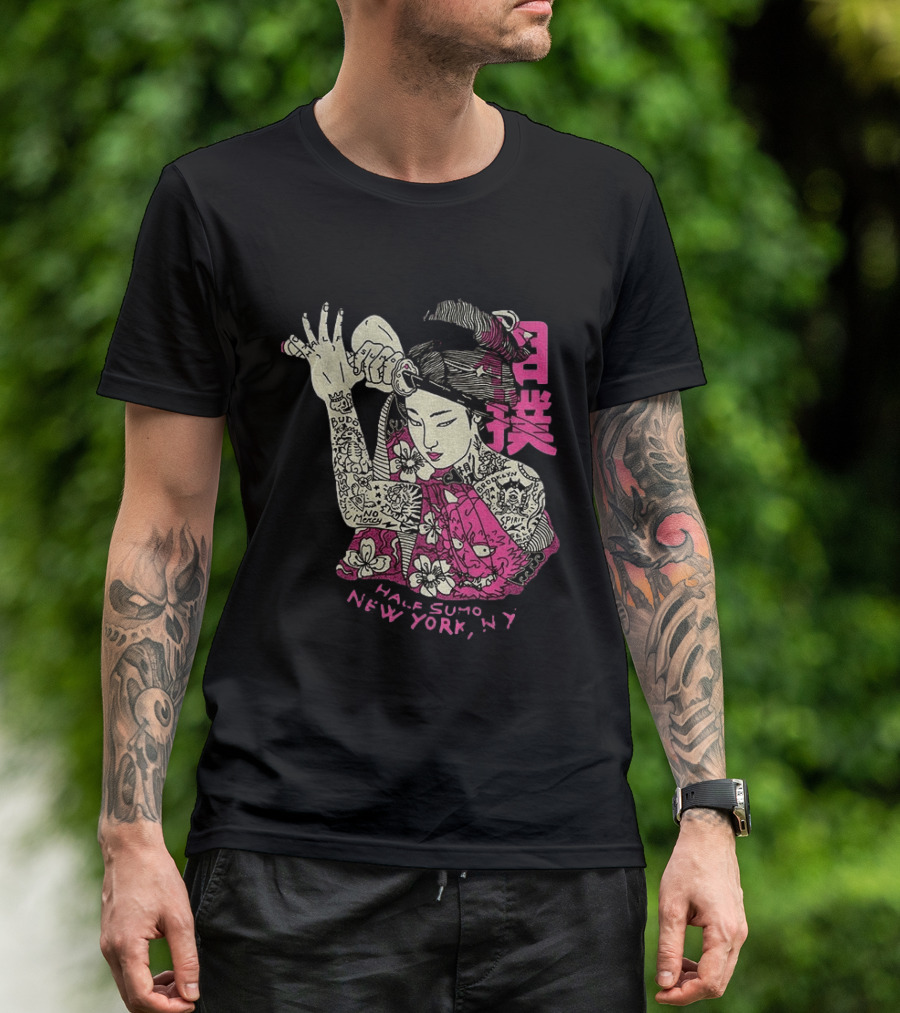 Tattooed Geisha With Katana And Flowers Japanese Samurai Half Sumo New York NY T-Shirt