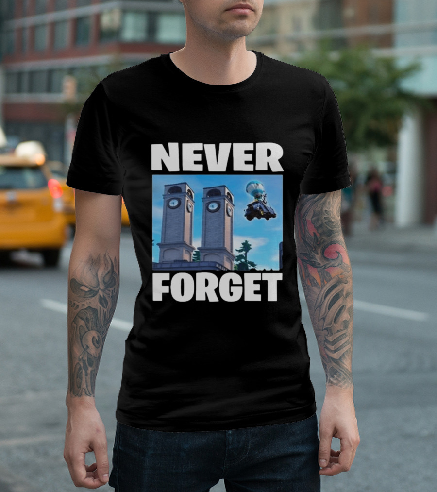 NEVER FORGET Twin Tilted Towers Fortnite Battle Bus T-Shirt