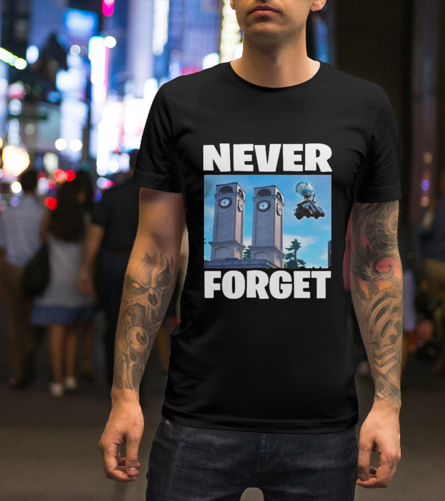 NEVER FORGET Twin Tilted Towers Fortnite Battle Bus T-Shirt