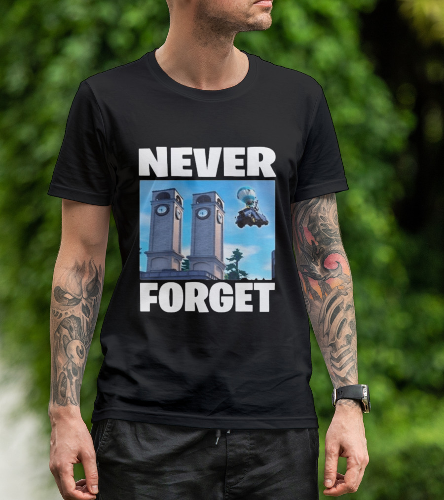 NEVER FORGET Twin Tilted Towers Fortnite Battle Bus T-Shirt