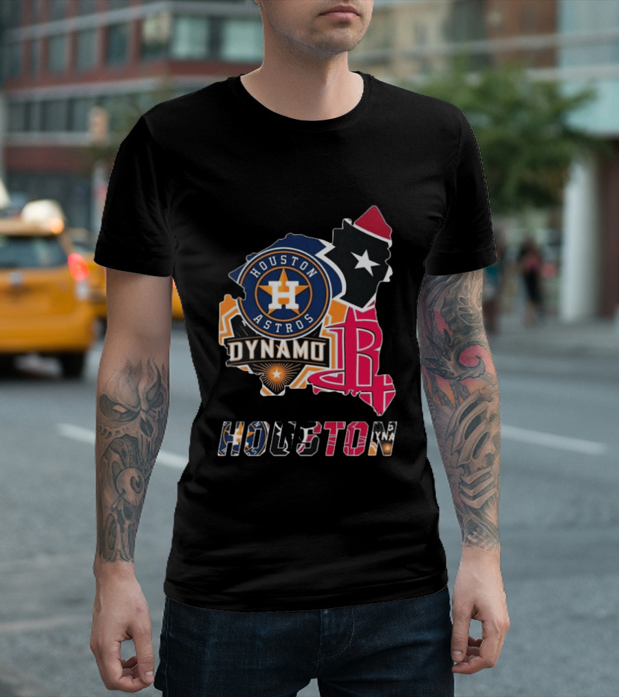 Houston Astros Texans Dynamo Rockets Map Logo Collage T-Shirt
