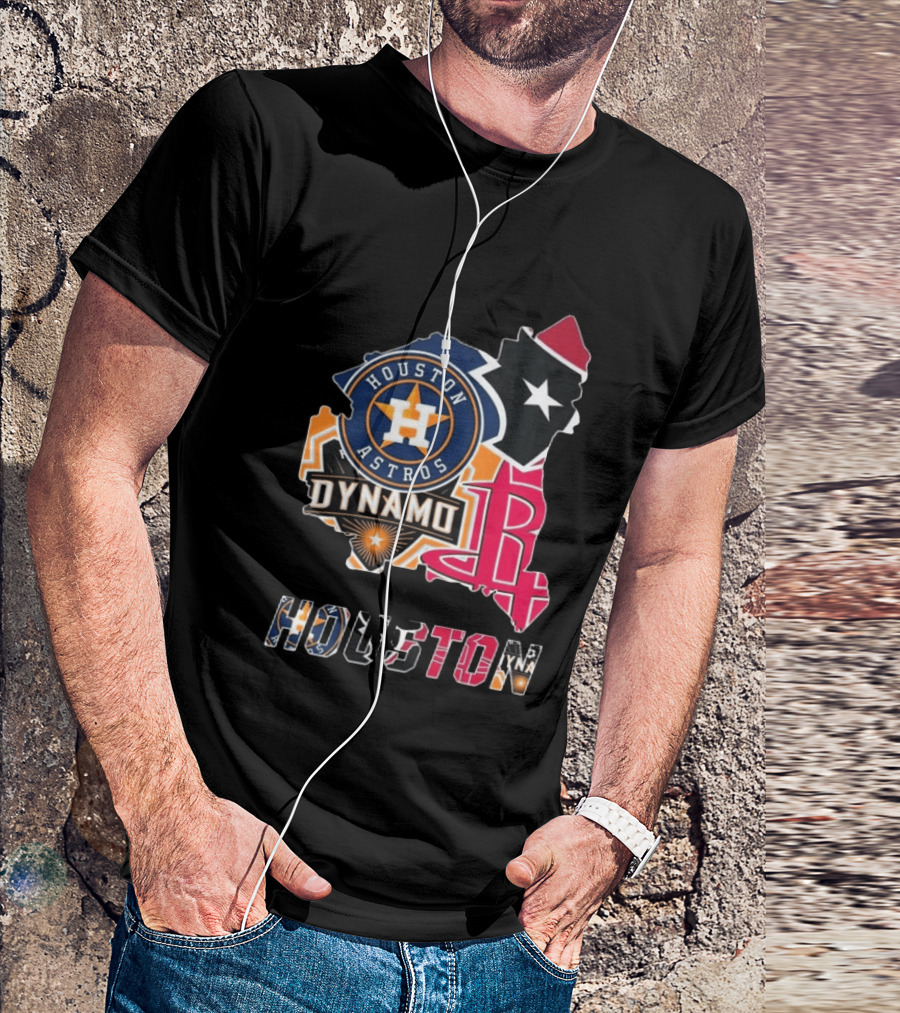 Houston Astros Texans Dynamo Rockets Map Logo Collage T-Shirt