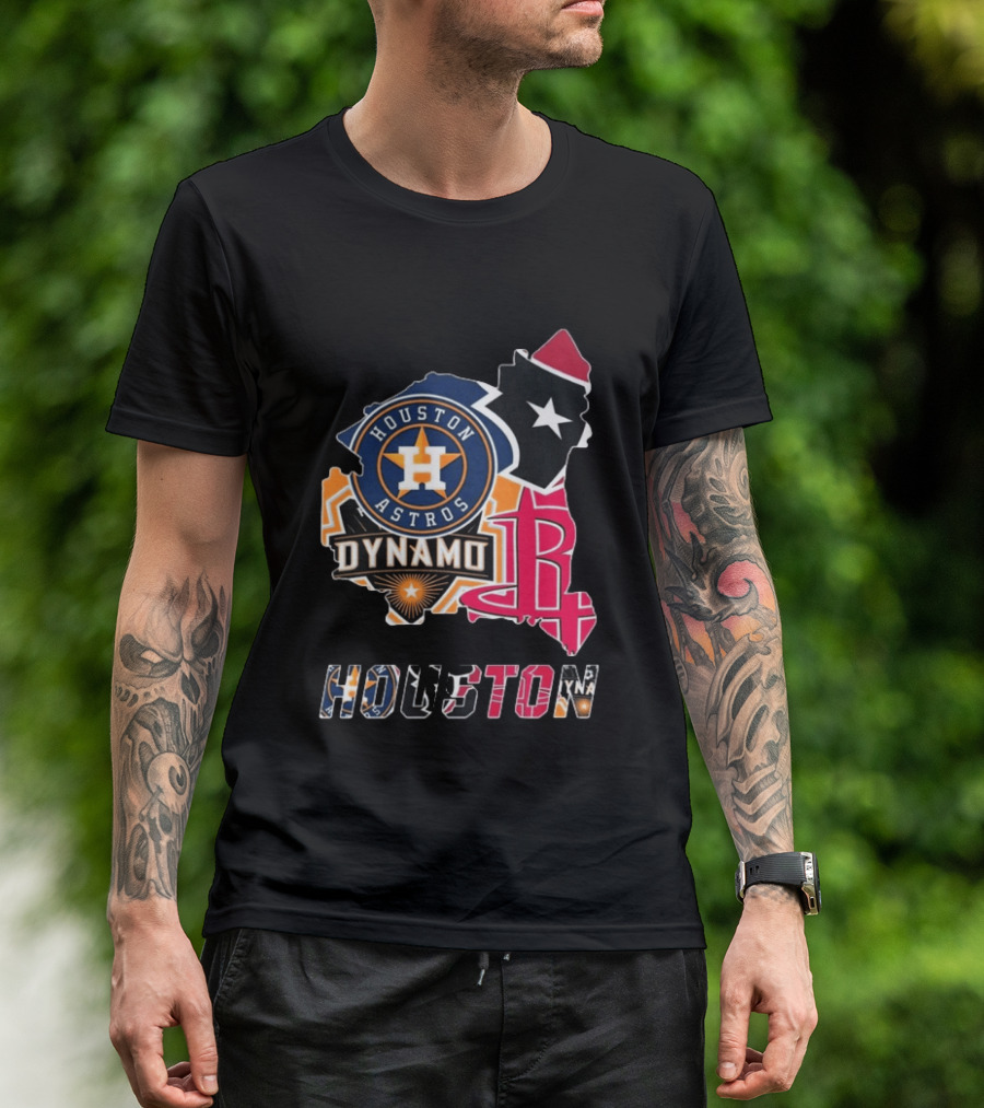 Houston Astros Texans Dynamo Rockets Map Logo Collage T-Shirt