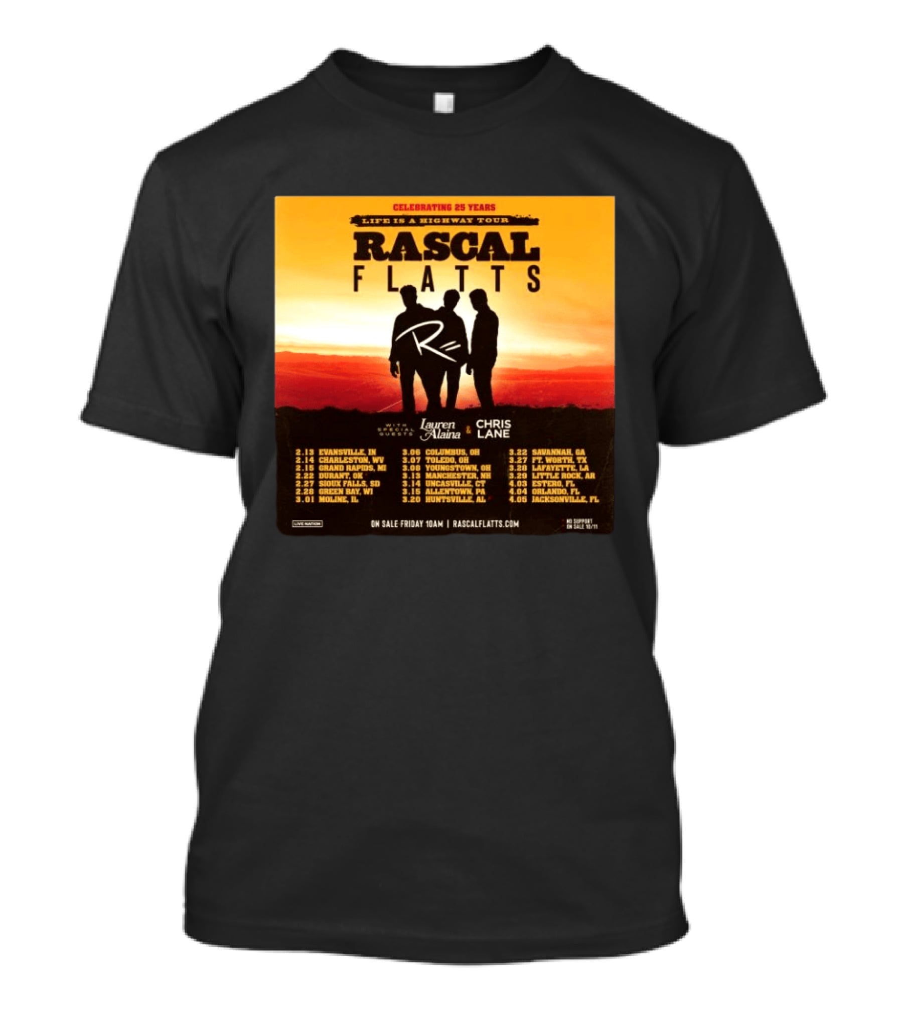 Celebrating 25 Years Life Is A Highway Tour Rascal Flatts Featuring Lauren Alaina Chris Lane T-Shirt