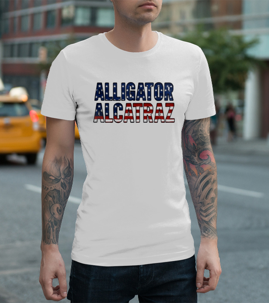 Alligator Alcatraz American Flag Patriotic Stars Stripes T-Shirt