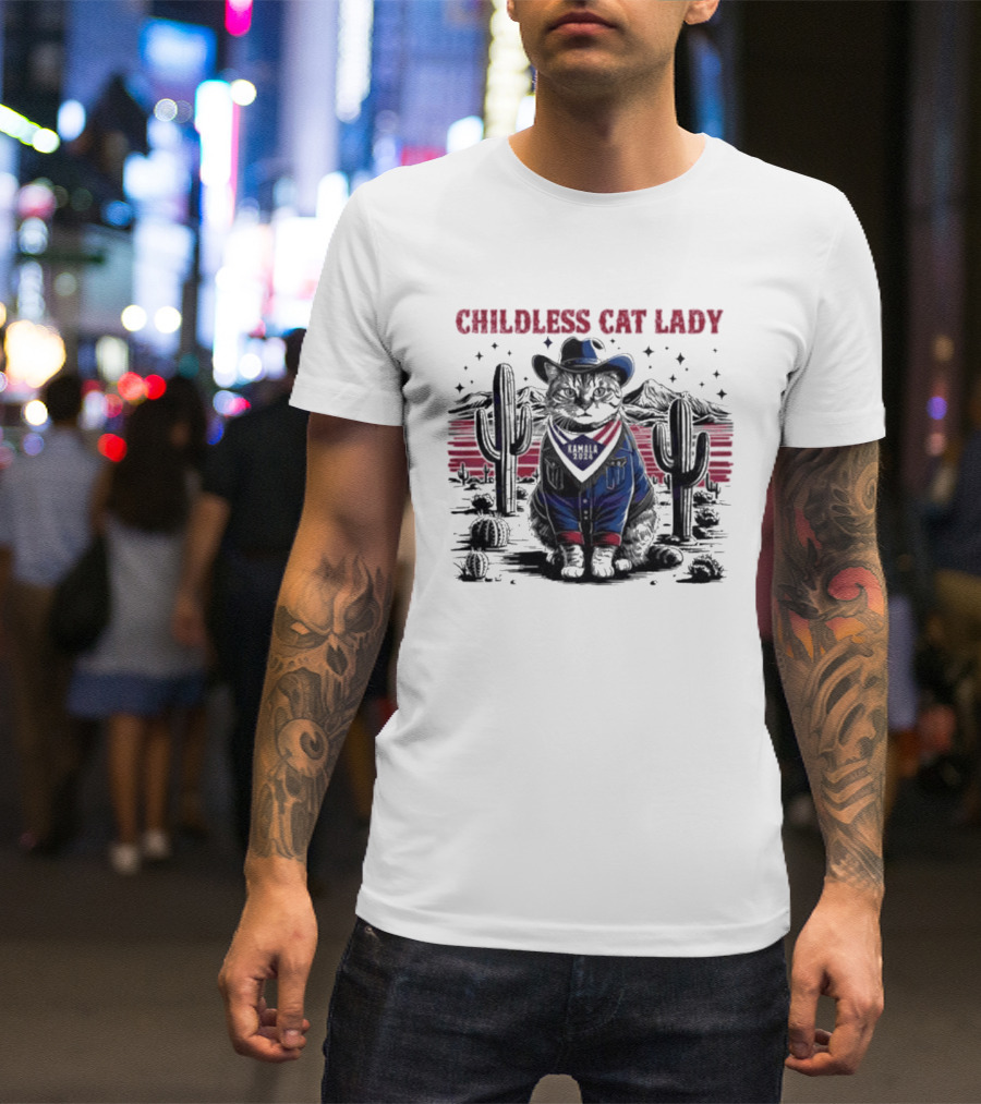 Kamala 2024 Childless Cat Lady Cowboy Desert Cactus Scene T-Shirt