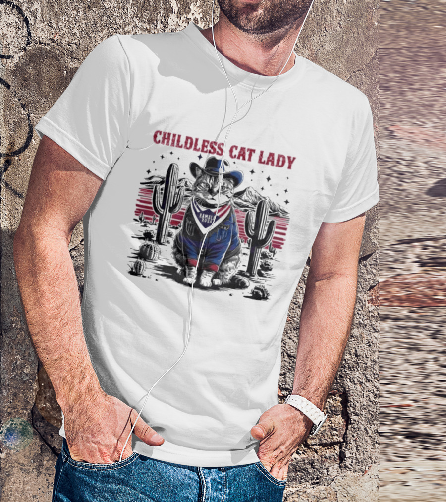 Kamala 2024 Childless Cat Lady Cowboy Desert Cactus Scene T-Shirt