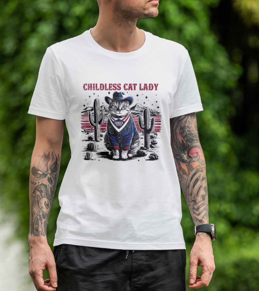 Kamala 2024 Childless Cat Lady Cowboy Desert Cactus Scene T-Shirt