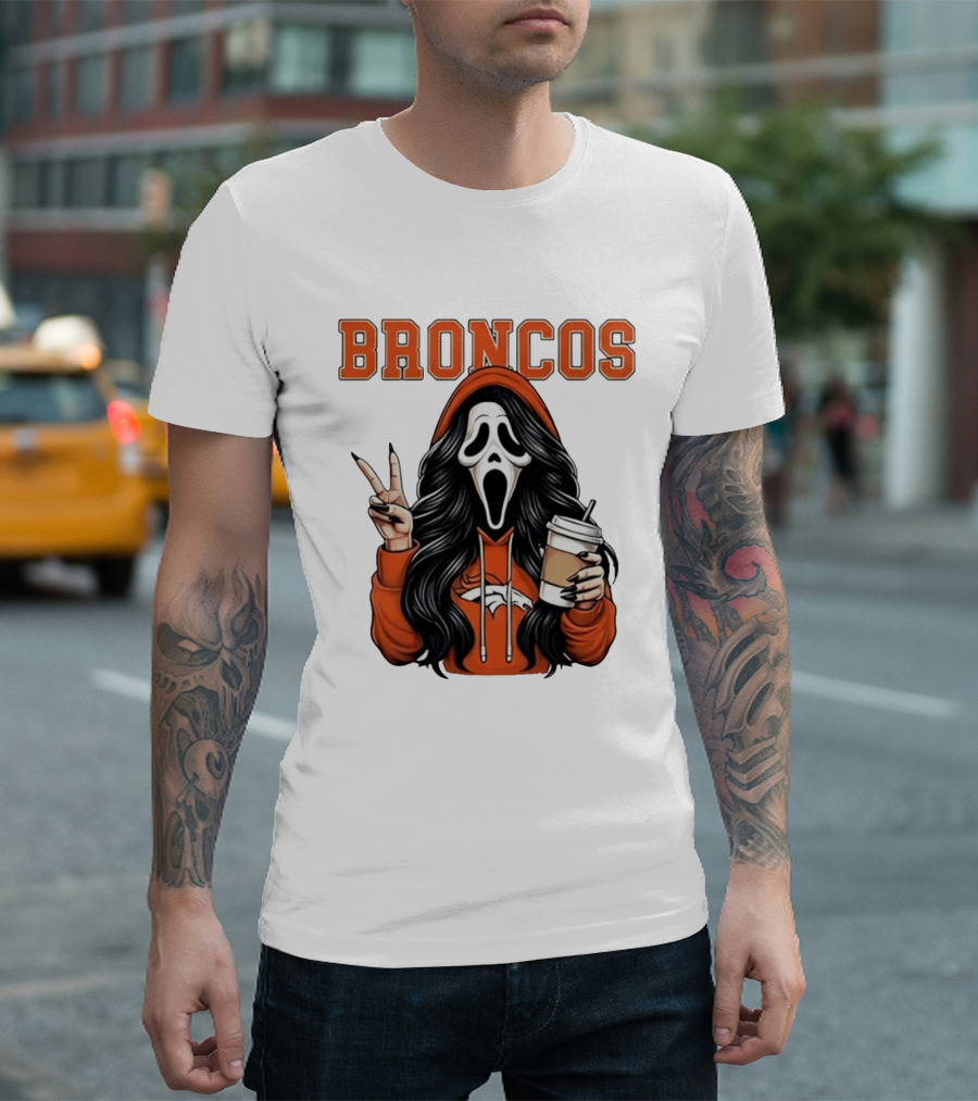 Broncos Ghostface Scream Halloween Coffee Peace Sign T-Shirt
