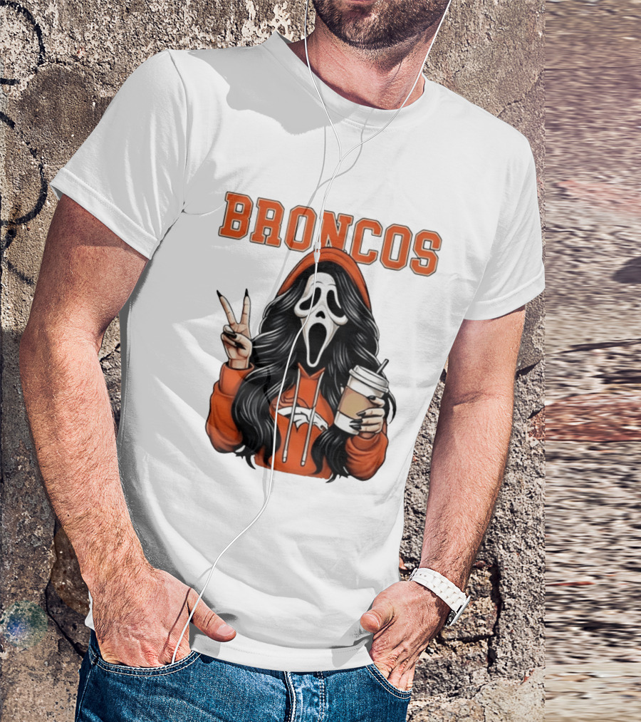 Broncos Ghostface Scream Halloween Coffee Peace Sign T-Shirt