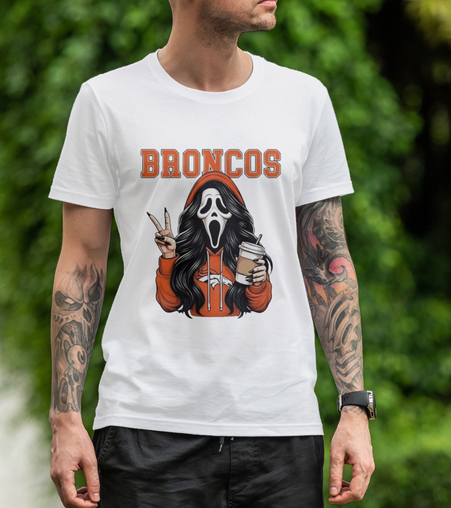 Broncos Ghostface Scream Halloween Coffee Peace Sign T-Shirt