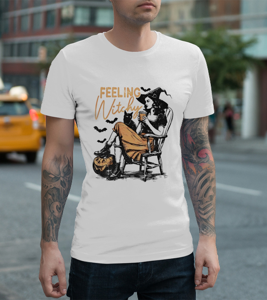 Feeling Witchy Witch With Pumpkin And Bats Halloween Vibes T-Shirt