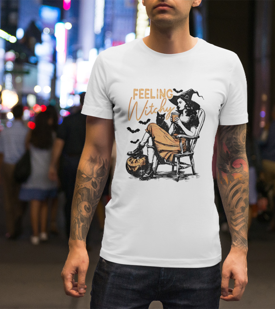 Feeling Witchy Witch With Pumpkin And Bats Halloween Vibes T-Shirt