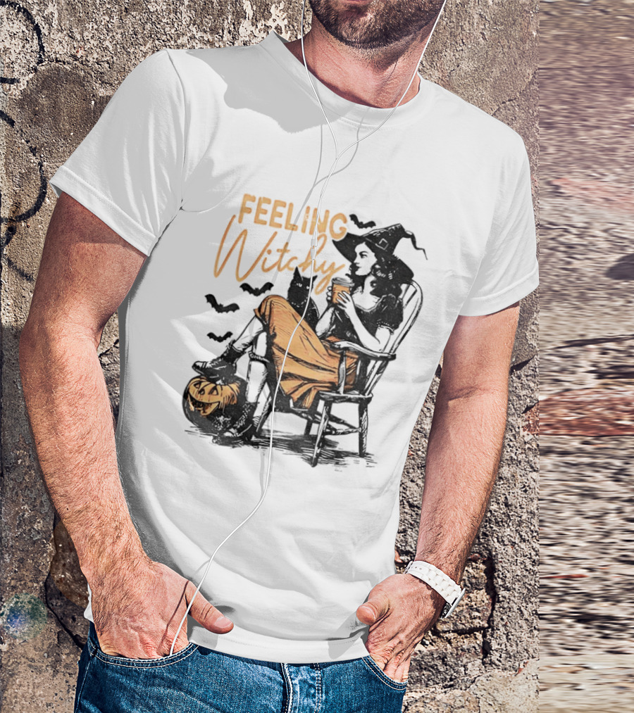 Feeling Witchy Witch With Pumpkin And Bats Halloween Vibes T-Shirt