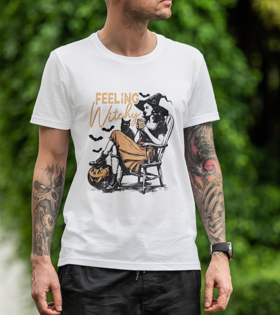 Feeling Witchy Witch With Pumpkin And Bats Halloween Vibes T-Shirt