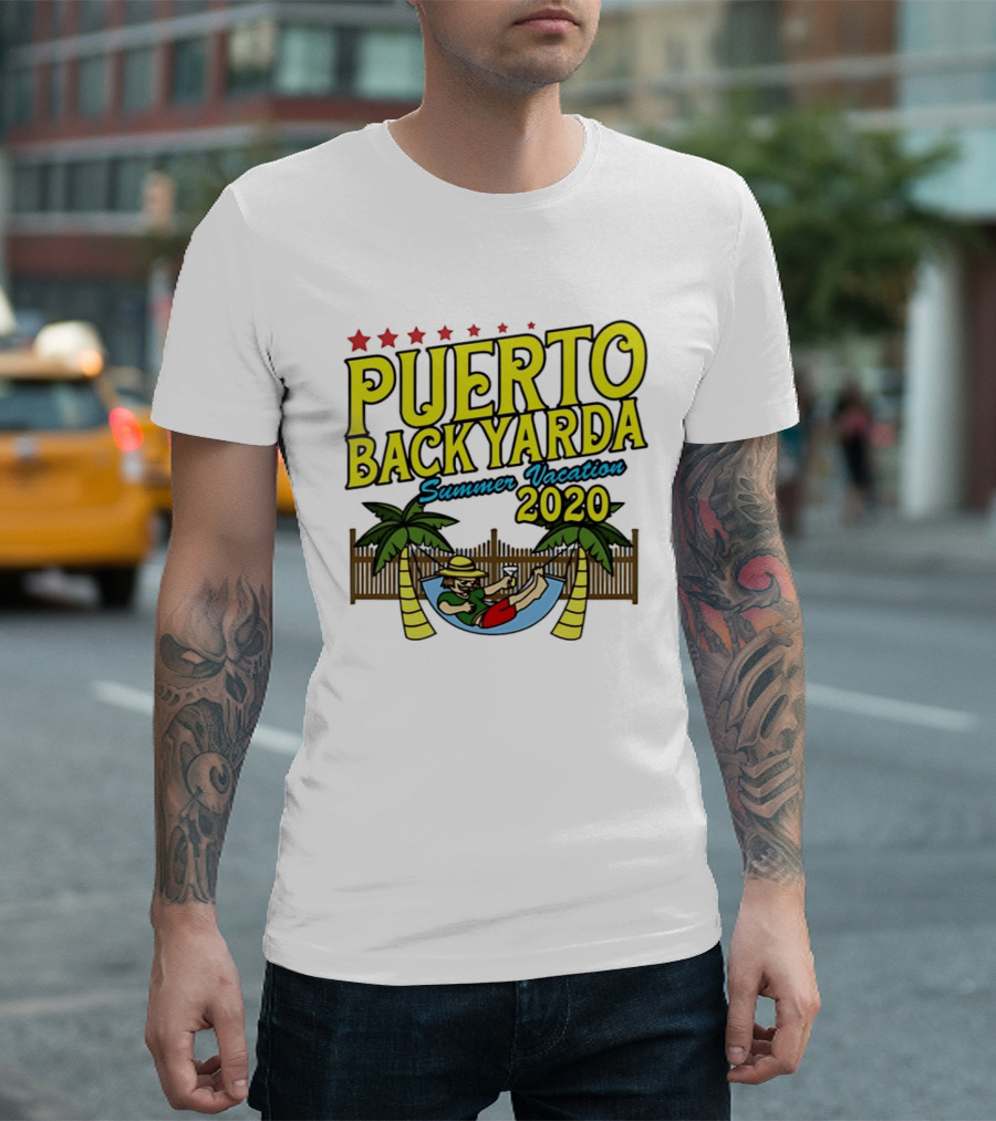 Puerto Backyarda Summer Vacation 2020 Relaxing Hammock Palm Trees Retro Cartoon T-Shirt
