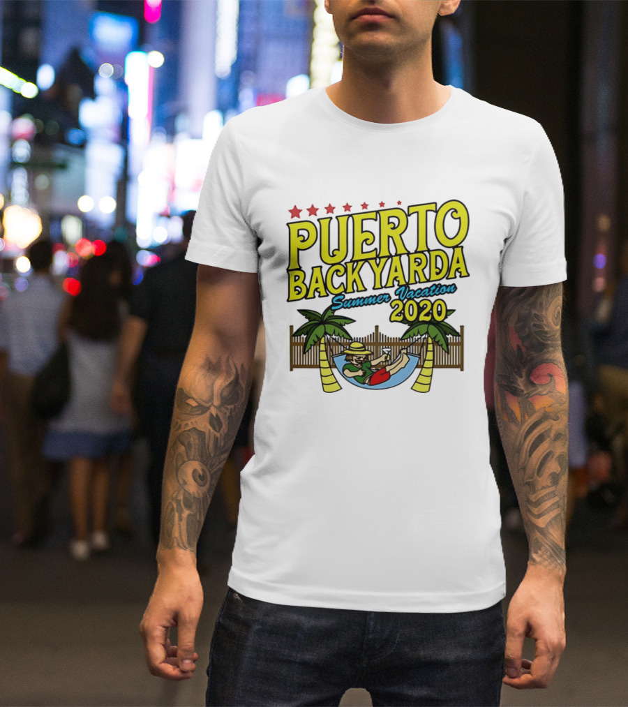 Puerto Backyarda Summer Vacation 2020 Relaxing Hammock Palm Trees Retro Cartoon T-Shirt