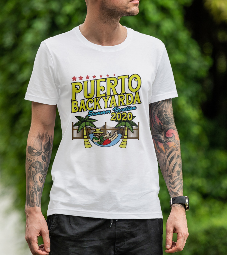 Puerto Backyarda Summer Vacation 2020 Relaxing Hammock Palm Trees Retro Cartoon T-Shirt