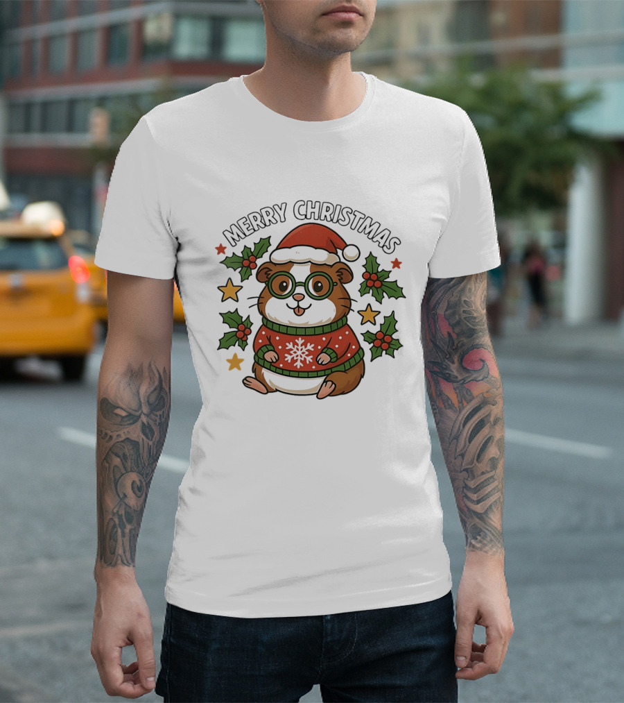 Merry Christmas Santa Guinea Pig In Holiday Sweater With Holly And Stars T-Shirt