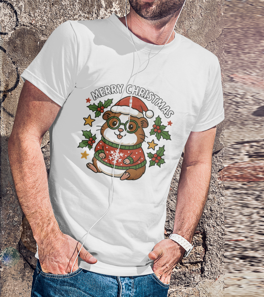 Merry Christmas Santa Guinea Pig In Holiday Sweater With Holly And Stars T-Shirt
