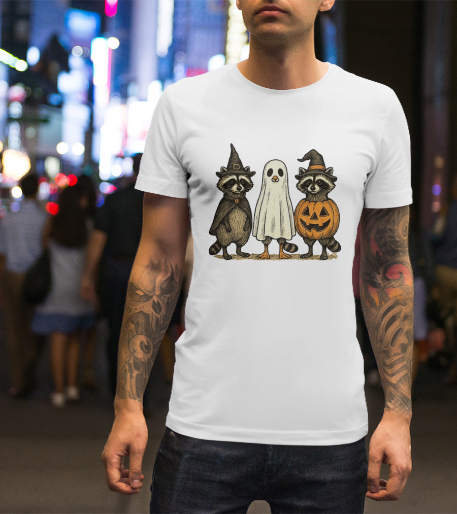 Spooky Boo Ghost Raccoon Pumpkin Raccoon Witch Hat Happy Halloween 2025 T-Shirt