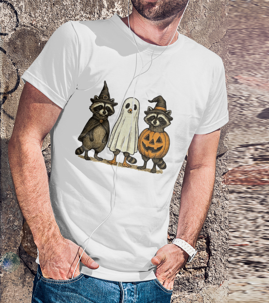 Spooky Boo Ghost Raccoon Pumpkin Raccoon Witch Hat Happy Halloween 2025 T-Shirt