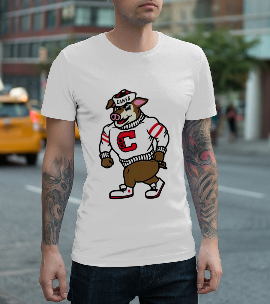 Canes Mascot Pig In Red And White Sweater With Stripes T-Shirt
