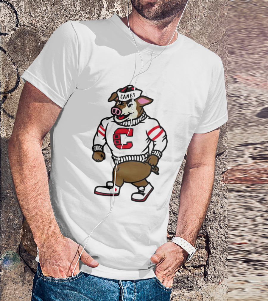 Canes Mascot Pig In Red And White Sweater With Stripes T-Shirt