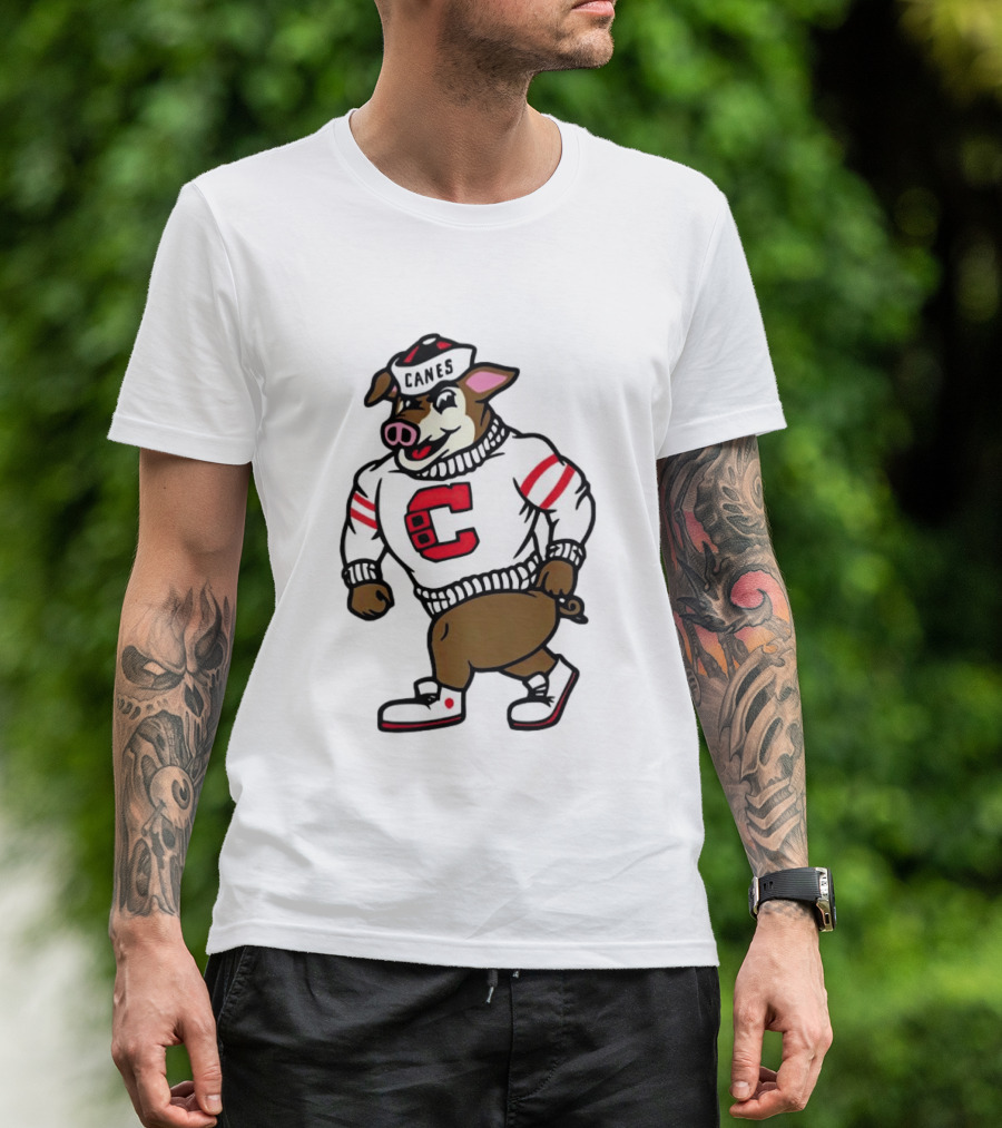 Canes Mascot Pig In Red And White Sweater With Stripes T-Shirt