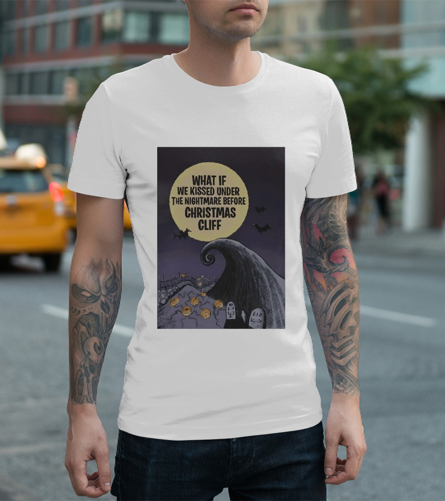What If We Kissed Under The Nightmare Before Christmas Cliff Halloween Moon Bats Pumpkins Graveyard Scene T-Shirt