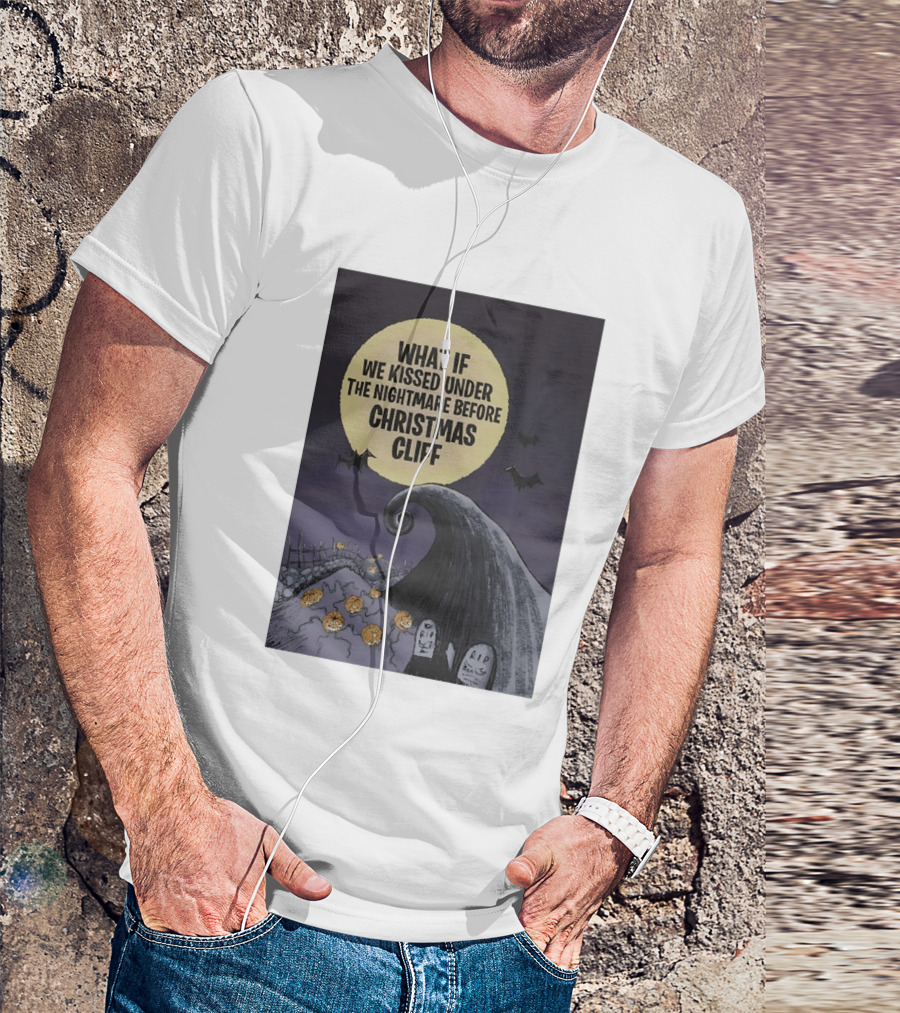 What If We Kissed Under The Nightmare Before Christmas Cliff Halloween Moon Bats Pumpkins Graveyard Scene T-Shirt